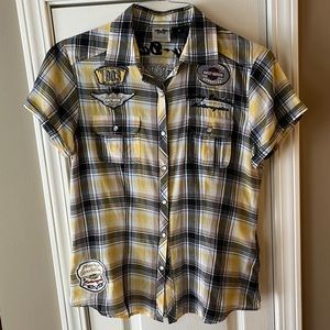 Harley-Davidson womens yellow plaid appliqué and snap collar short sleeve top M